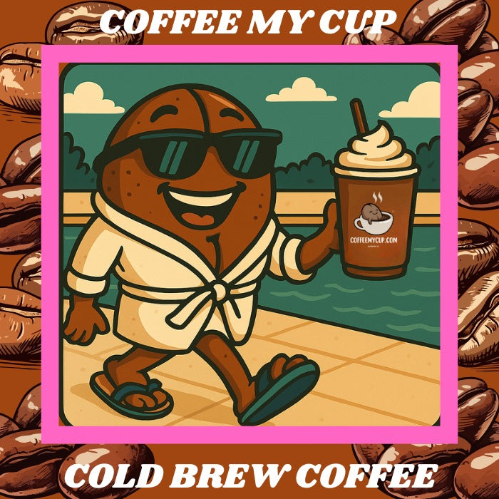 Coffee My Cup: Beannie Cartoon character holding a coffee cup with 'Coffee My Cup' branding, surrounded by coffee beans.