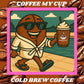 Coffee My Cup: Beannie Cartoon character holding a coffee cup with 'Coffee My Cup' branding, surrounded by coffee beans.