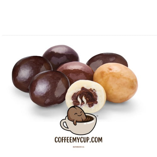 Coffee My Cup Sweet Treats Collection: Chocolate-dipped and coated espresso beans with the Coffee My Cup Beanie character and 'CoffeeMyCup.com' logo on a white background