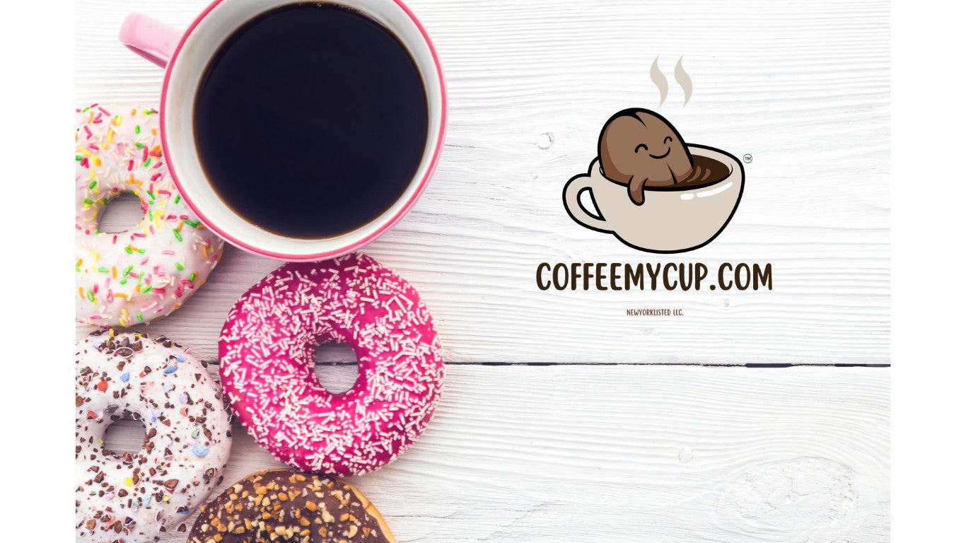 Coffee My Cup: A bag of Donut Shop Love Coffee with an illustration of various donuts and coffee cups on the front.