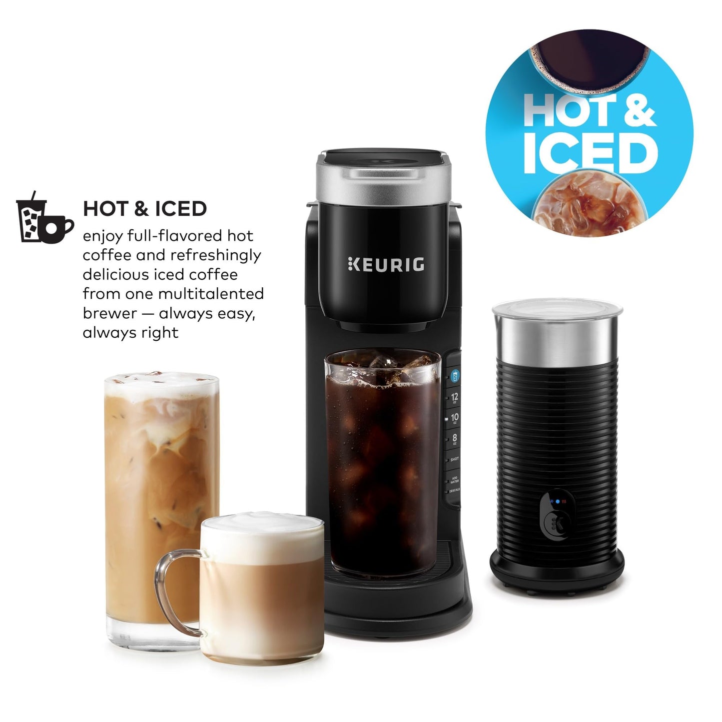 Coffee My Cup: Keurig coffee maker with hot and iced coffee examples on a white background