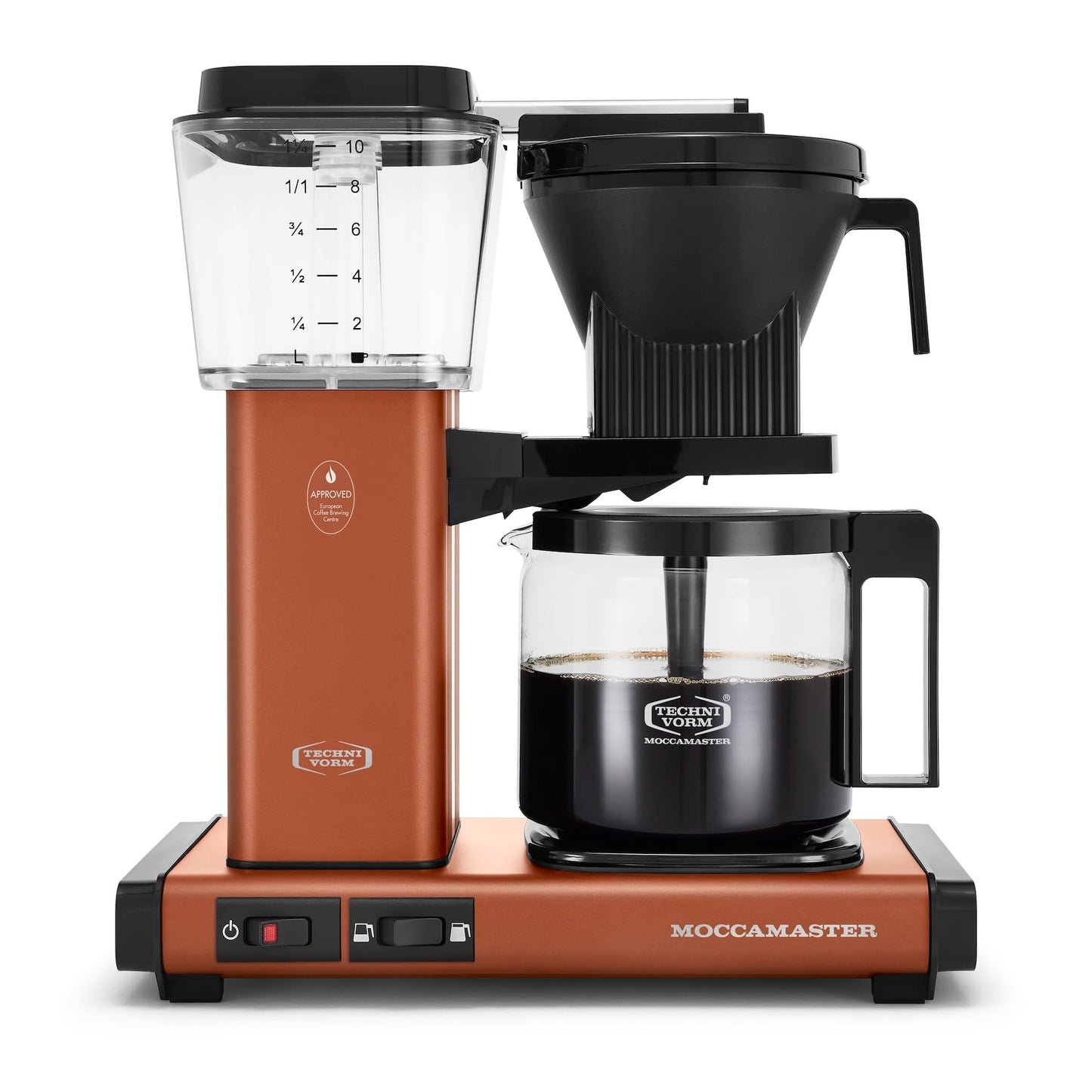 Moccamaster coffee maker with brown base and black components on a white background: Coffee My Cup