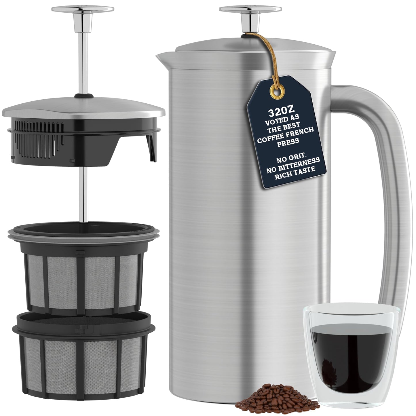 Coffee My Cup Brewmaster Collection: ESPRO P7 French Press Coffee Maker - Double-Walled Stainless Steel Insulated with Micro-Filter, 32 Ounces, Brushed Stainless Steel - Coffee My Cup