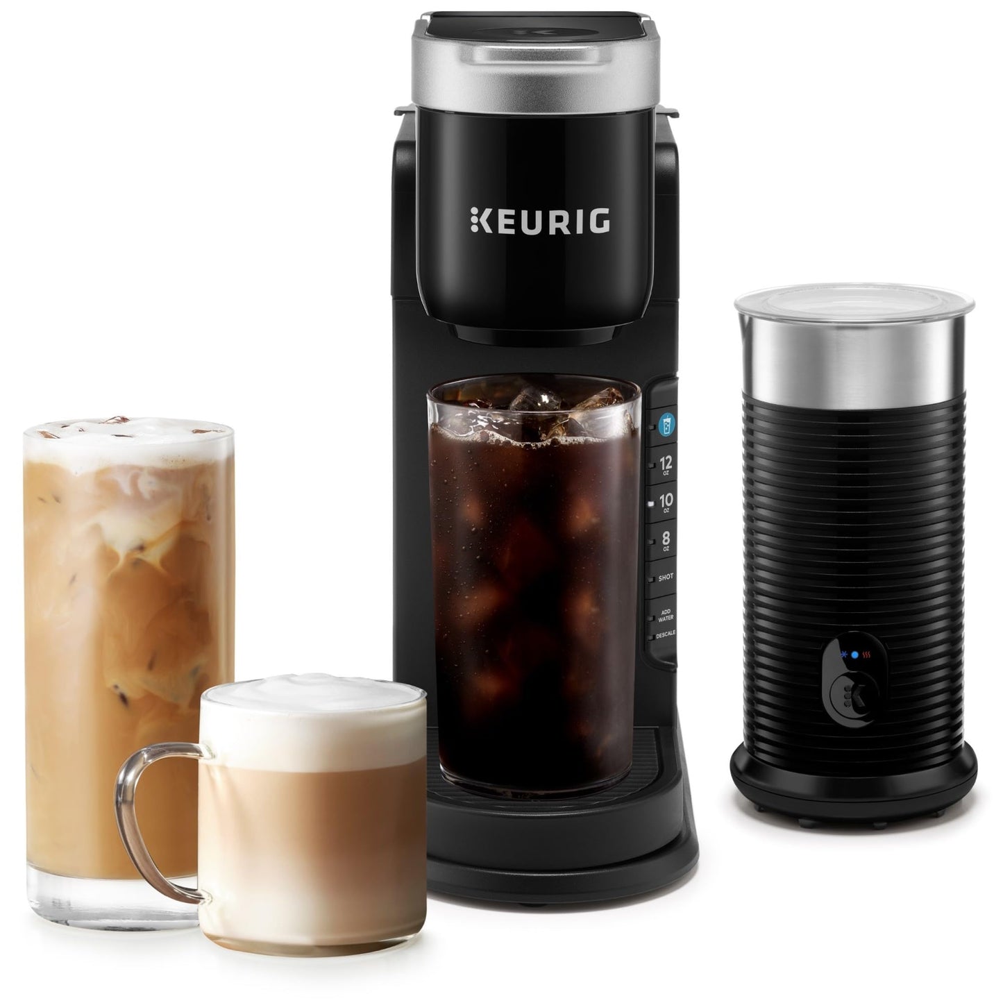 Coffee My Cup: Keurig coffee maker with a glass of iced coffee and a milk frother on a white background