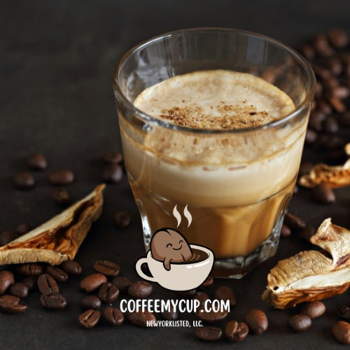 Coffee My Cup Mushroom Coffee, a specialty-grade medium roast infused with Lion’s Mane, Cordyceps, and Reishi mushrooms in a glass with foam surrounded by coffee beans on a dark background, featuring the brand 'COFFEE MY CUP'.