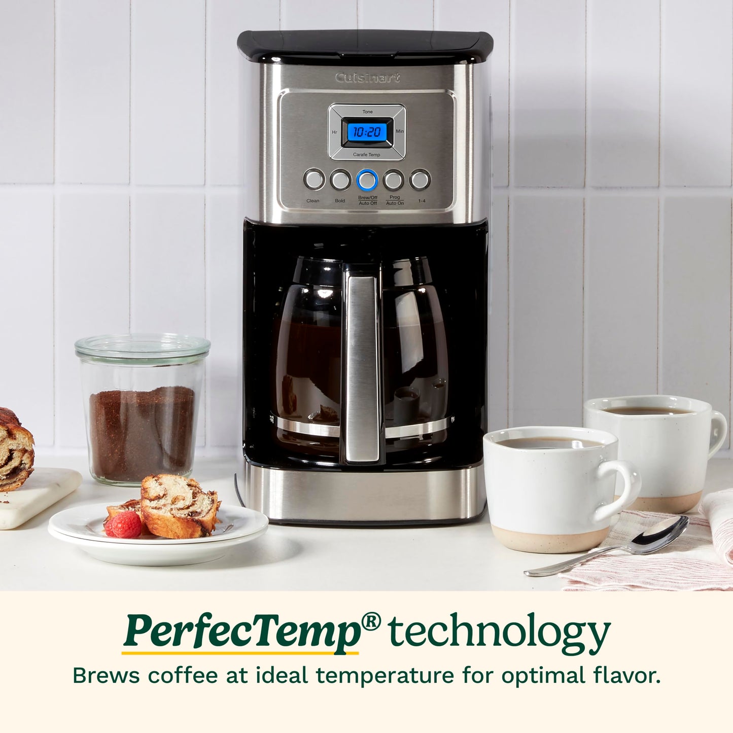 Coffee My Cup: Coffee maker with 'PerfecTemp' technology on a kitchen counter with coffee and pastries.