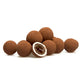 Coffee My Cup Sweet Treats Collection: Cappuccino Coco Delight: Chocolate truffles with one cut open to reveal a filling on a white background