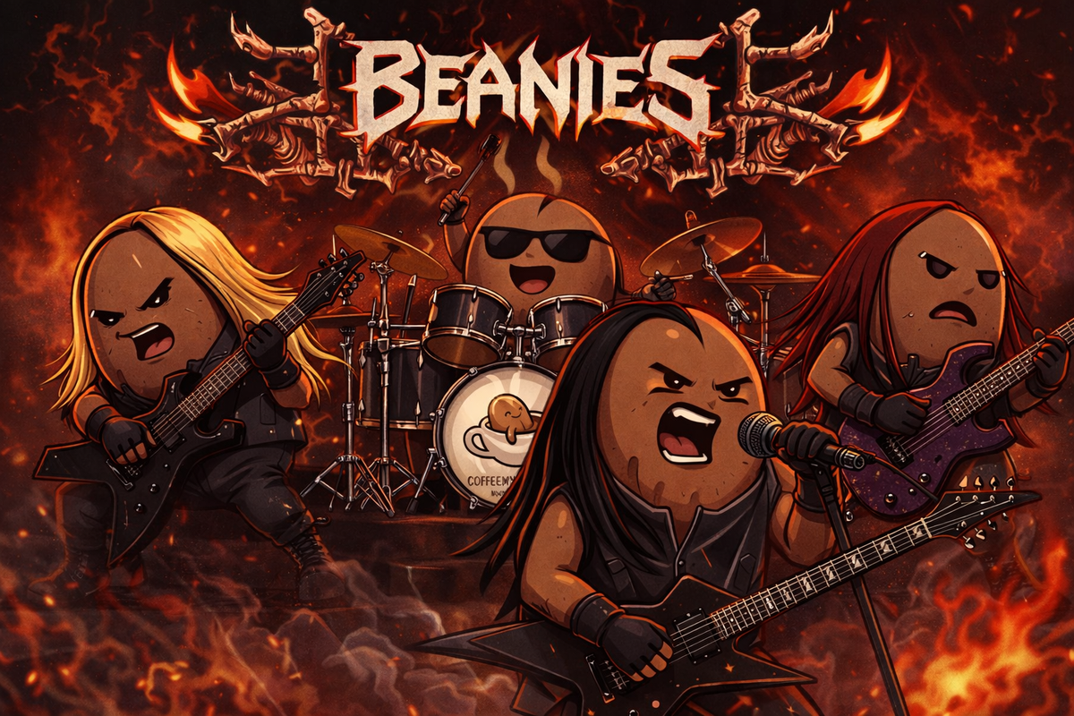 Coffee My Cup: An illustrated band poster featuring four cartoonish coffee-themed rockers playing instruments under a large stylized 'Beanies' logo, with flames and smoke across a dark red and orange background.