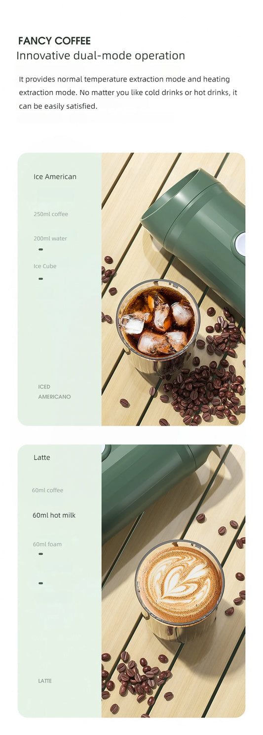 Coffee My Cup: Fancy Coffee product with dual-mode operation feature, showing a green coffee maker and coffee cups on a wooden surface.