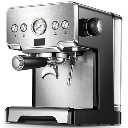Coffee My Cup: Stainless steel espresso machine with black accents on a white background