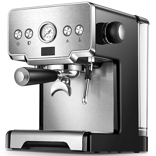 Coffee My Cup: Stainless steel espresso machine with black accents on a white background