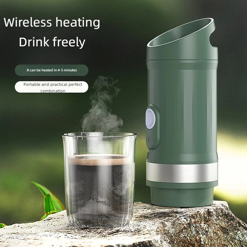 Coffee My Cup: Green wireless heating device next to a steaming glass of hot beverage on a natural background
