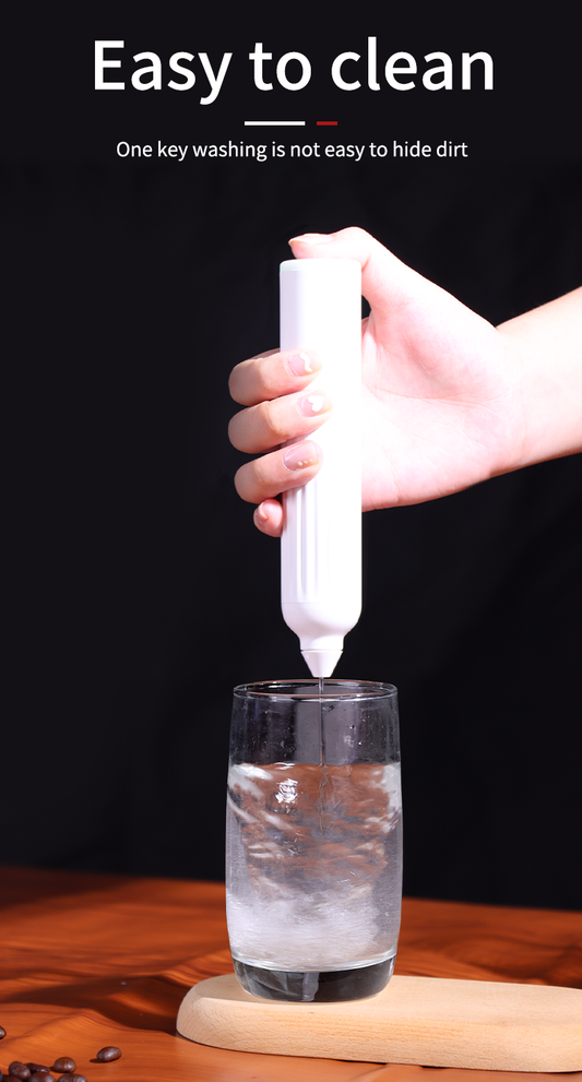 Coffee My Cup: Hand using a cleaning tool to clean a glass on a wooden surface with text 'Easy to clean'.