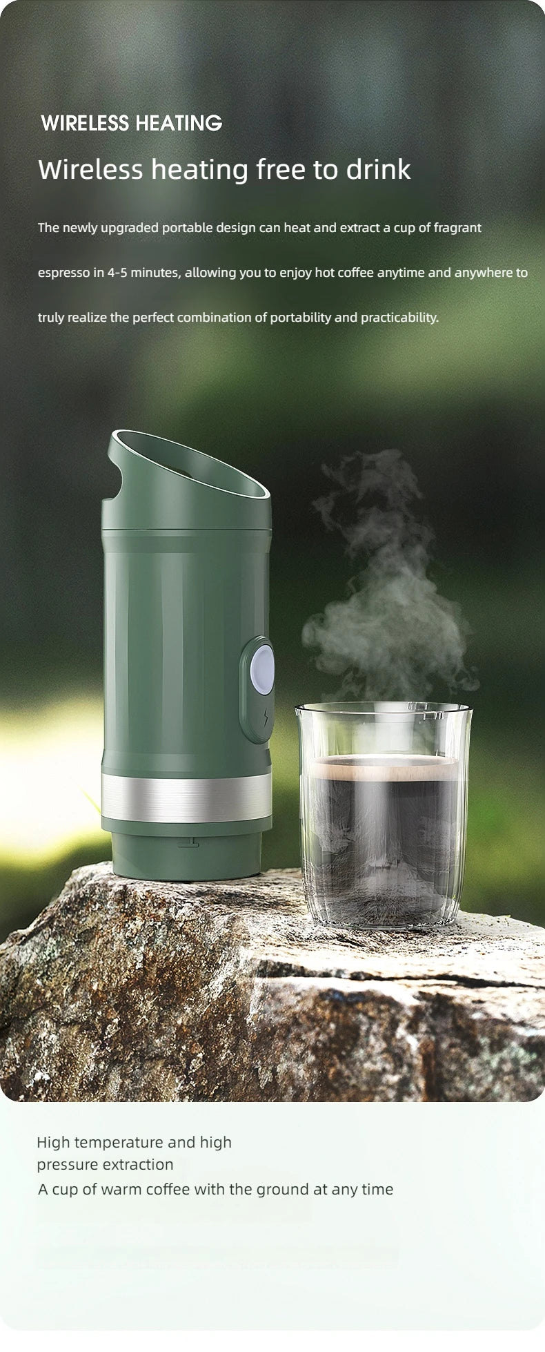 Coffee My Cup: Green wireless heating device with a cup of steaming coffee on a natural background
