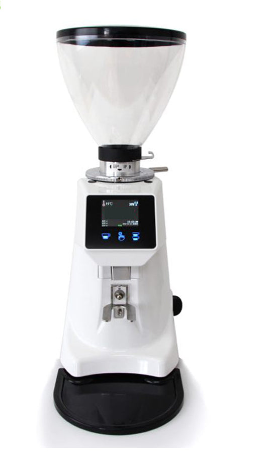 Coffee My Cup: White coffee grinder with digital display on a white background, featuring the DongPei brand logo.