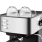 Coffee My Cup: Stainless steel espresso machine with two glass cups on a white background