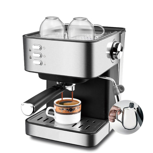 Coffee My Cup: Stainless steel espresso machine with a cup of coffee and milk pitcher on a white background