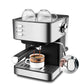 Coffee My Cup: Stainless steel espresso machine with a cup of coffee and milk pitcher on a white background