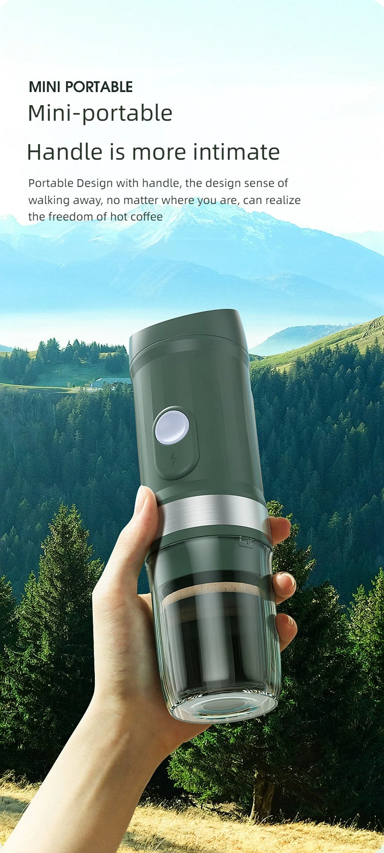 Coffee My Cup: Hand holding a mini portable coffee maker with a scenic background