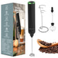 Coffee My Cup: Electric milk frother with packaging, attachments, and coffee beans on a white background