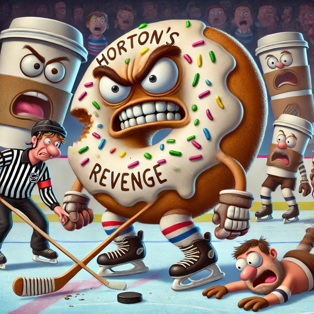 Coffee My Cup Mascot: Cartoon donut character named 'Horton' with hockey players on an ice rink.