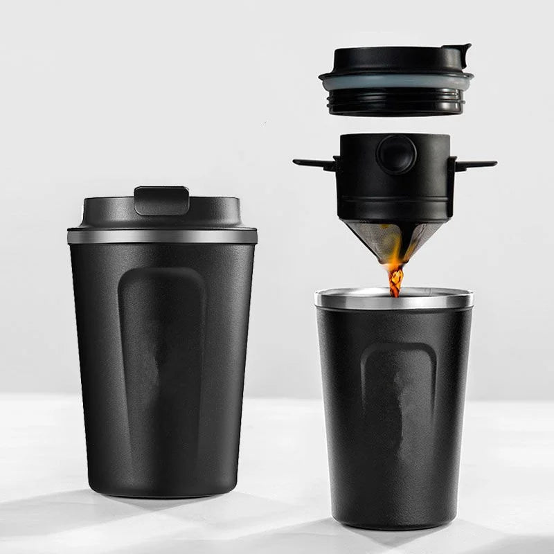 Coffee My Cup: Black portable coffee maker with a cup on a light gray background