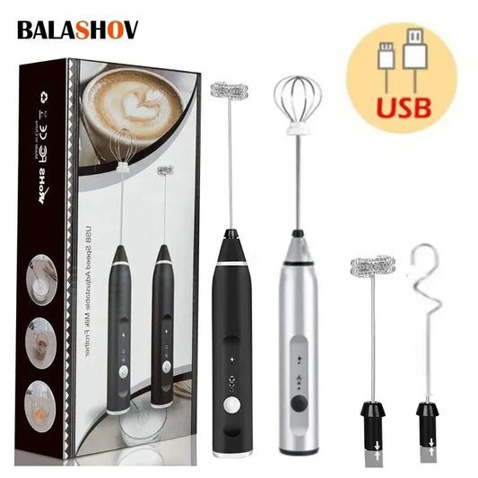 Coffee My Cup: Balashov milk frother with USB charging feature and packaging on a white background