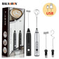 Coffee My Cup: Balashov milk frother with USB charging feature and packaging on a white background