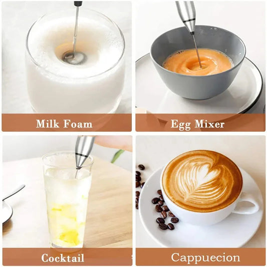 Coffee My Cup: Collage of a milk frother being used for different purposes including milk foam, egg mixer, cocktail, and cappuccino.