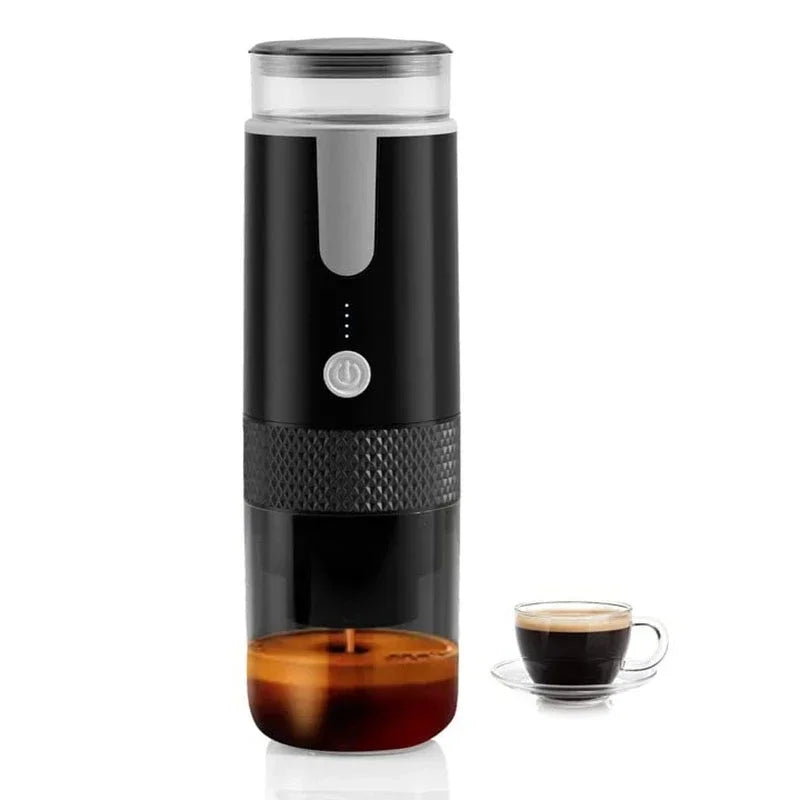 Coffee My Cup: Black portable coffee maker with a cup of coffee on a white background