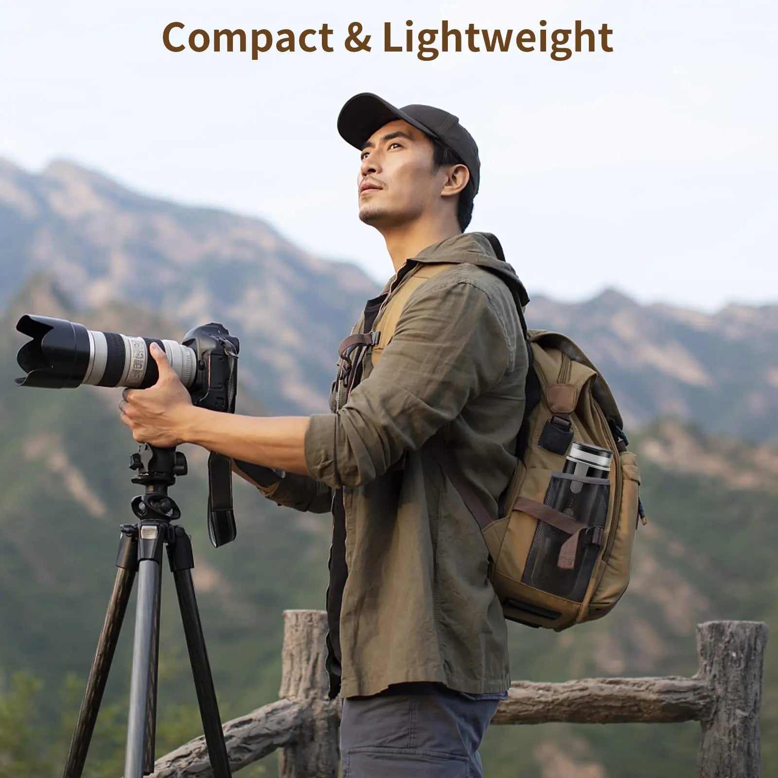 Coffee My Cup: Brew Coffee Your Way Anywhere, Man with camera and backpack in a mountainous landscape, emphasizing compactness and light weight.