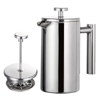 Coffee My Cup: Stainless steel French press coffee maker on a white background