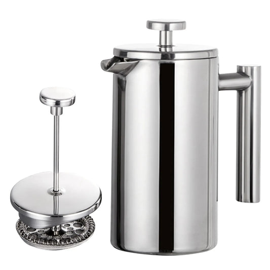 Coffee My Cup: Stainless steel French press coffee maker on a white background