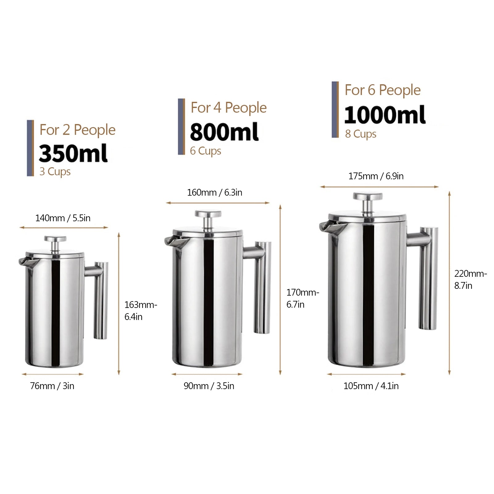 Coffee my Cup: Stainless steel French press with volume and capacity information on a white background