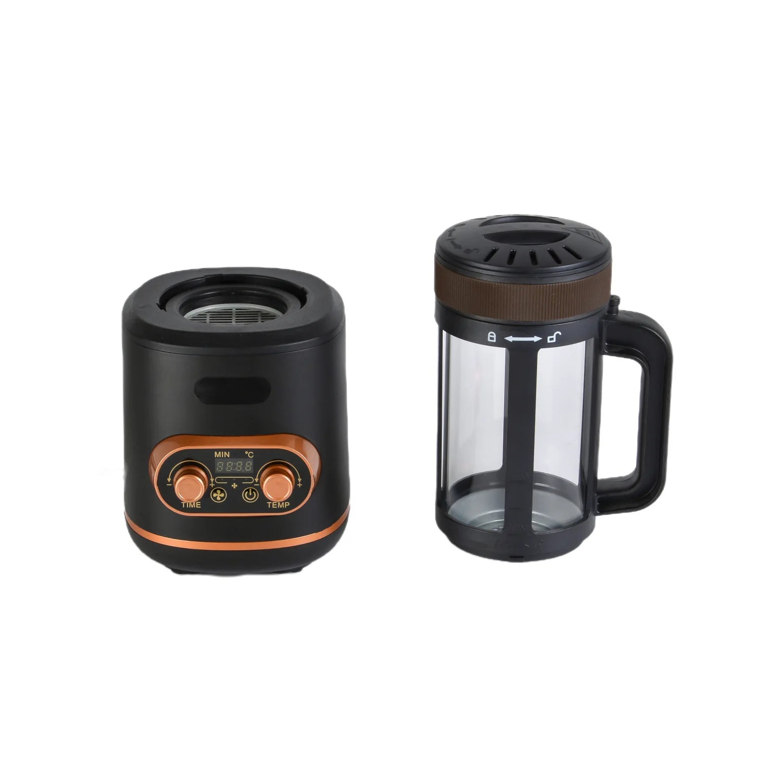 Coffee My Cup: Black and brown coffee roaster glass container on a white background