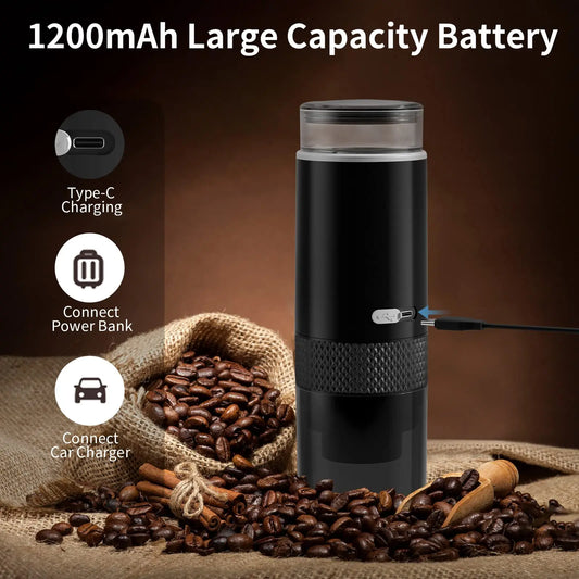 Coffee My Cup: Black coffee grinder with coffee beans and charging options on a brown background