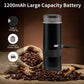 Coffee My Cup: Black coffee grinder with coffee beans and charging options on a brown background