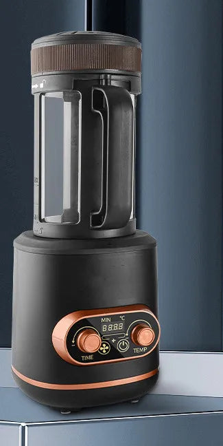 Coffee My Cup: Black and copper coffee roaster with digital display on a reflective surface