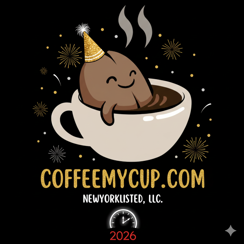 Illustration of a chocolate emoji in a coffee cup with a party hat on a black background, featuring the text 'COFFEEMYCUP.COM' and 'NEWYORKLISTED, LLC.