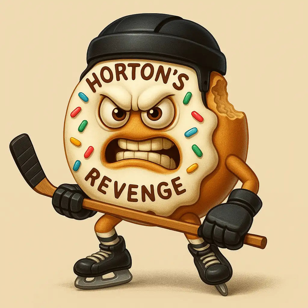 A cartoon donut with white icing and colorful sprinkles, wearing a black hockey helmet and holding a stick.