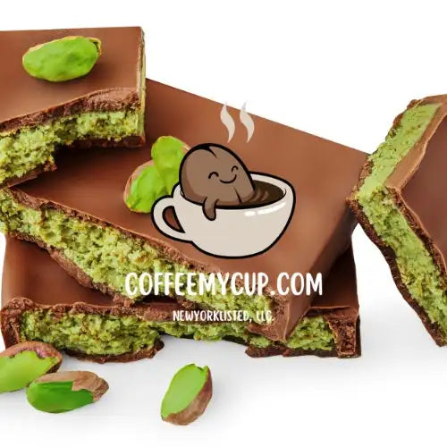 Dubai chocolate candy bars with the Coffee My Cup Logo on a white background