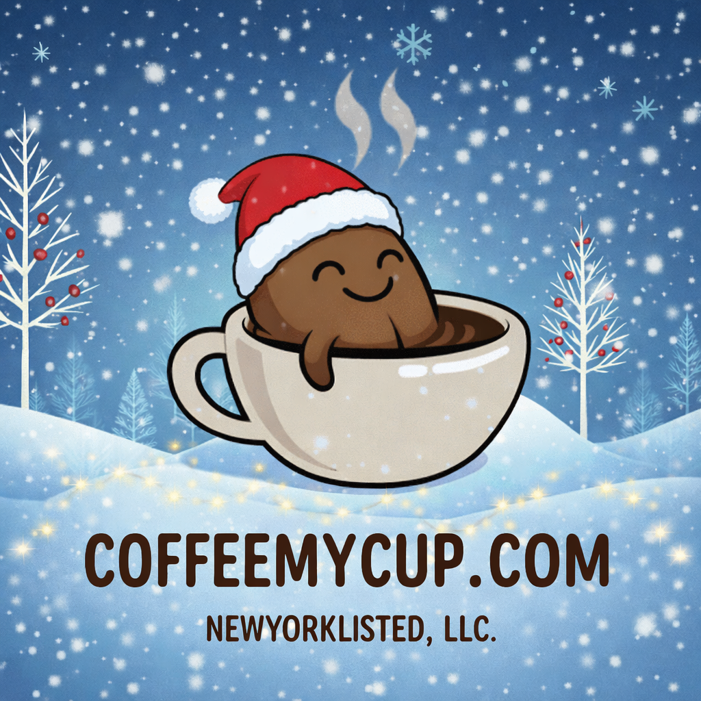 Cartoon chocolate doughnut in a coffee cup with a Santa hat against a snowy background, featuring the brand 'COFFEEMYCUP.COM' and 'NEWYORKLISTED, LLC'.