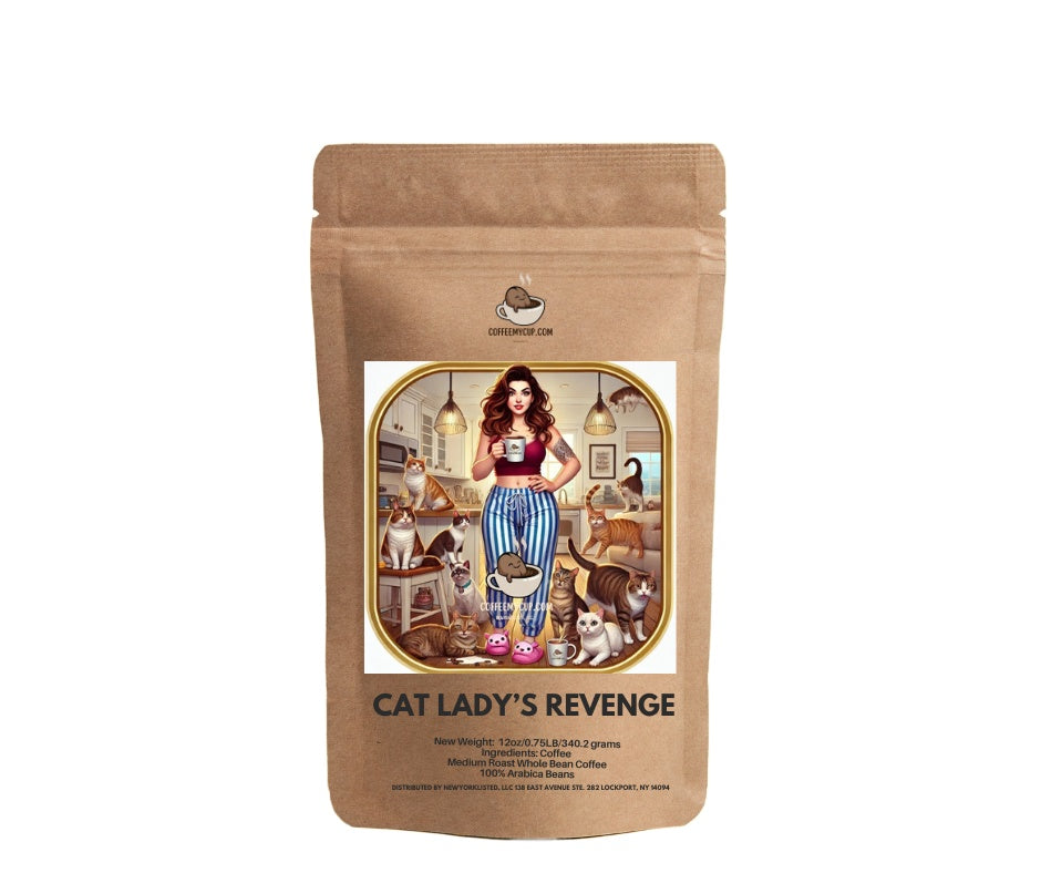 Coffee My Cup: A bag of Cat Lady's Revenge coffee with an illustration of a woman and multiple cats on the front.
