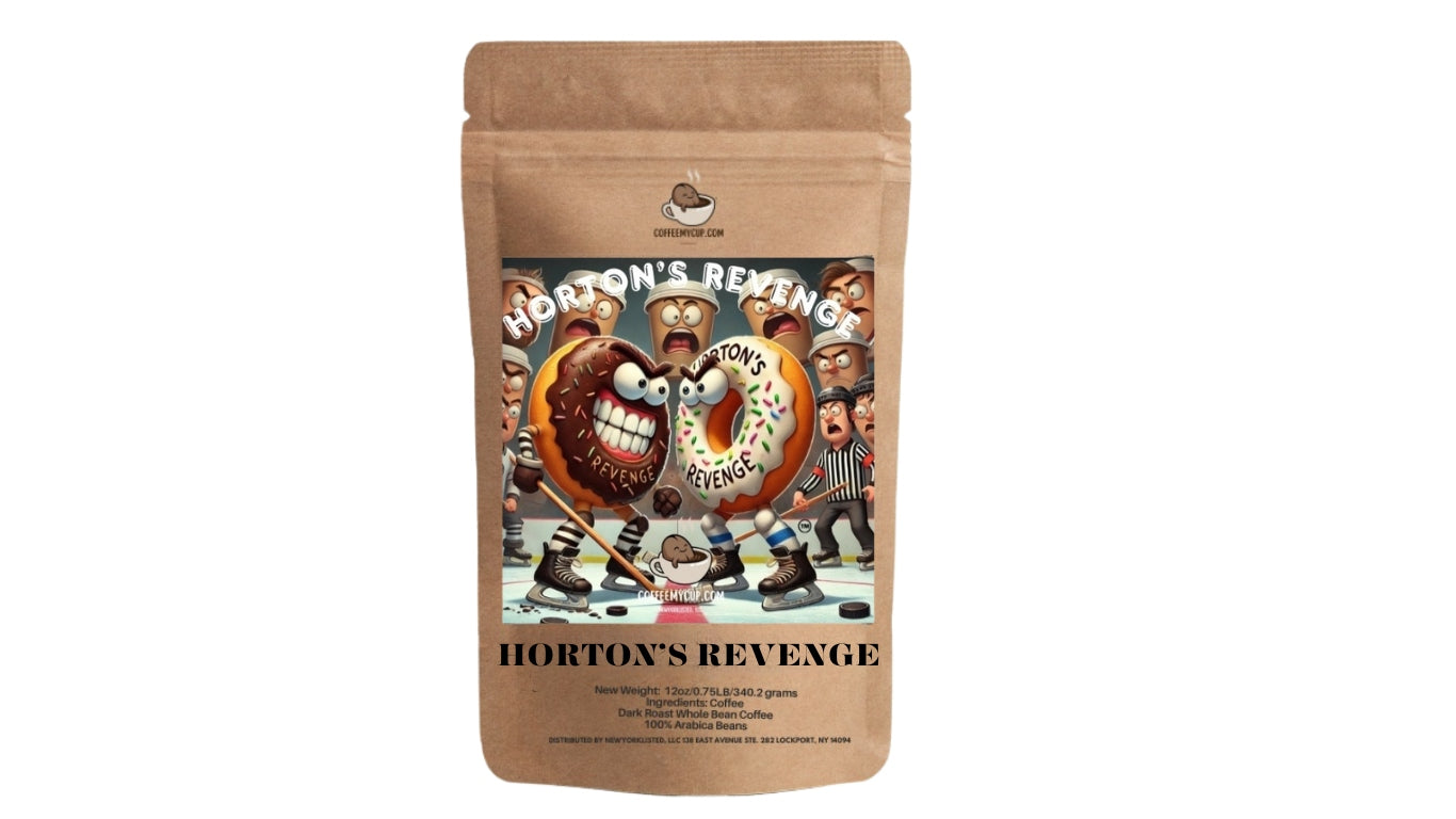 A bag of Horton’s Revenge Coffee – Coffee My Cup Creative Coffee Collection showing an image of two angry donuts facing off playing ice hockey. 