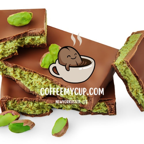 Dubai chocolate candy bars with the Coffee My Cup Logo on a white background