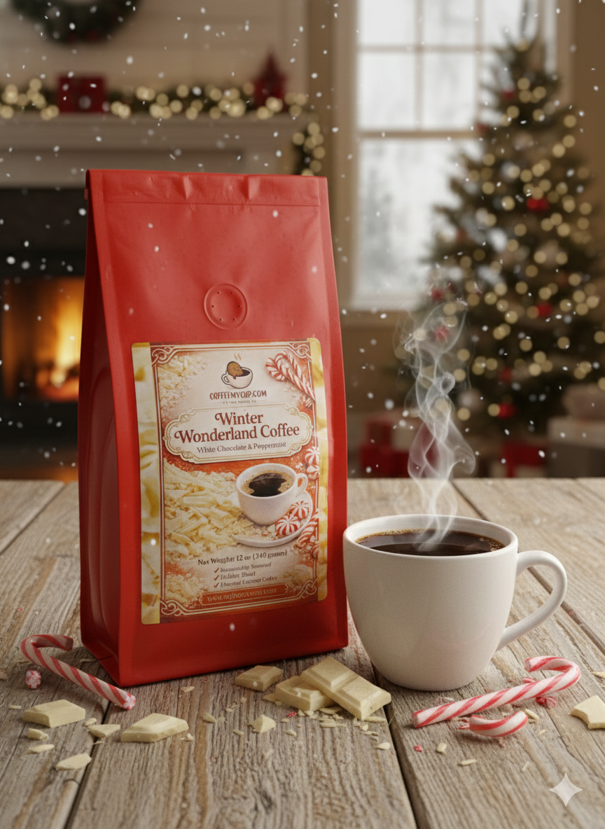 Coffee My Cup Red coffee bag of 'Winter Wonderland Coffee' white chocolate and peppermint with a steaming cup of coffee on a wooden table, Christmas tree, and fireplace in the background.