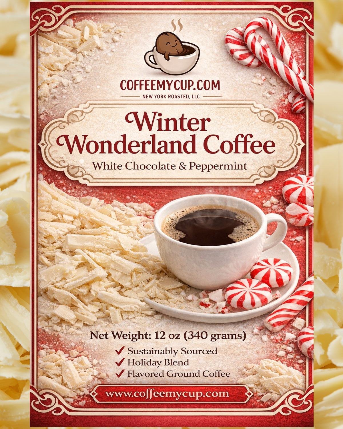 Coffee My Cup Winter Wonderland Coffee package with a cup of coffee and candy canes on a decorative background.