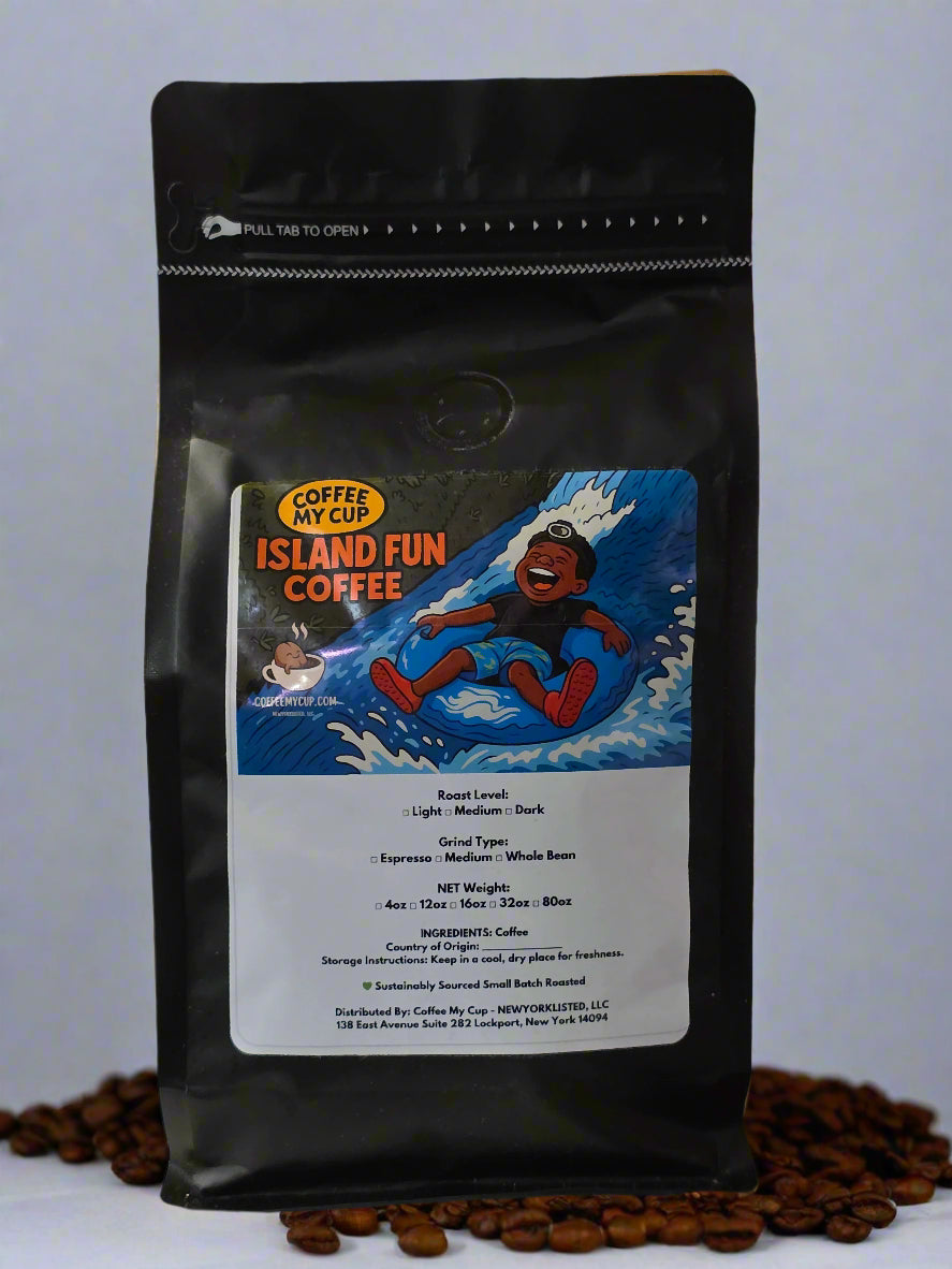Coffee My Cup: Island Fun Coffee experience the delicious island flavors, coffee package with a colorful label featuring a person surfing on a wave.