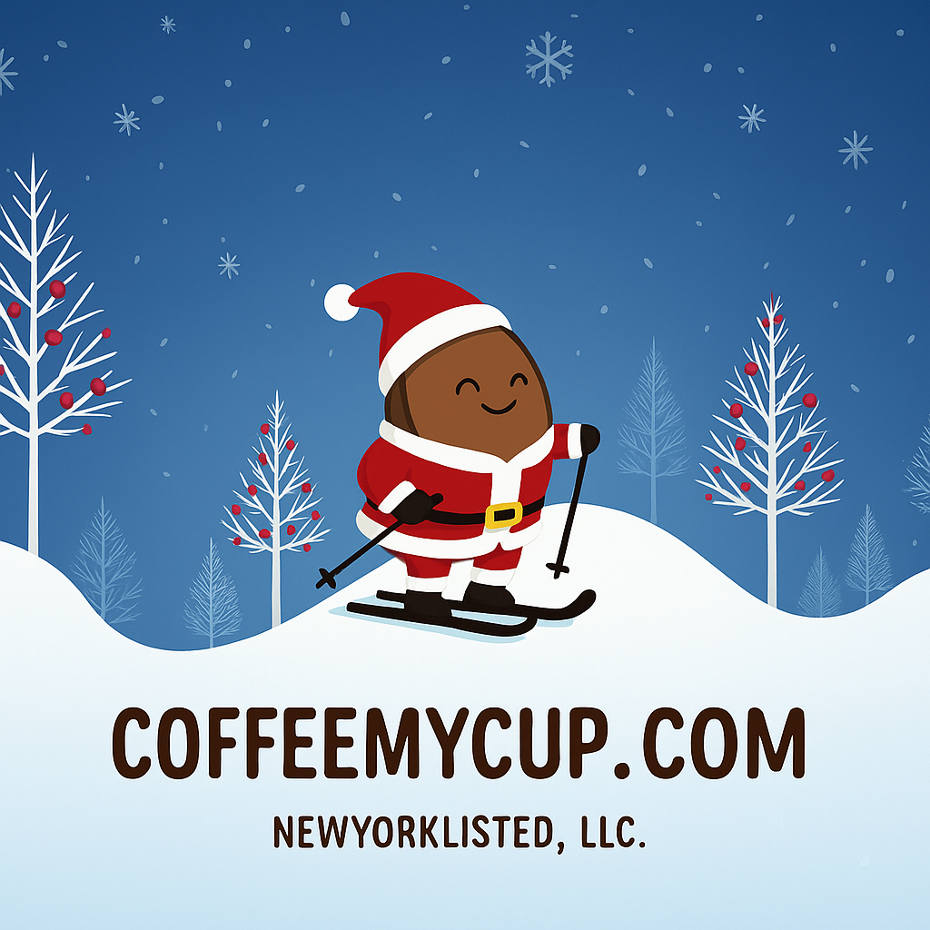 Coffee My Cup Mascot Beanie Skiing in a Santa suit 