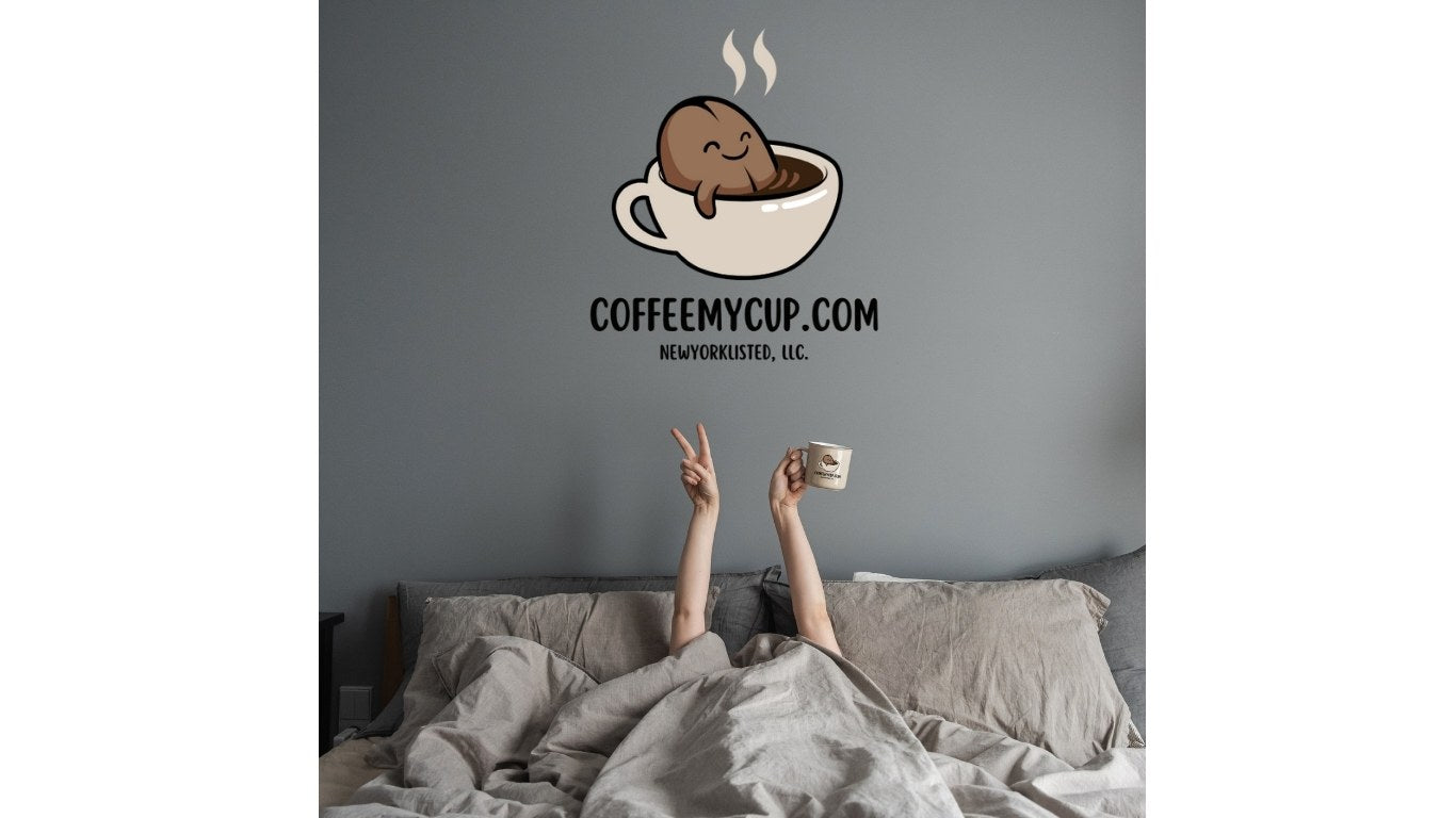 Person holding a coffee cup with a cartoon coffee cup design above, featuring 'COFFEEMYCUP.COM' on a gray wall.